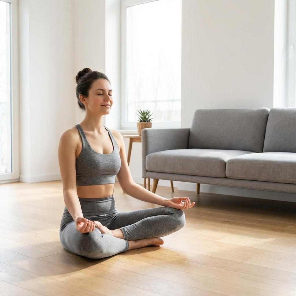 Person beim Dehnen im Wohnzimmer