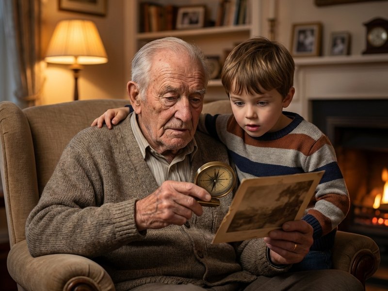 Nonno spiega un oggetto al nipote