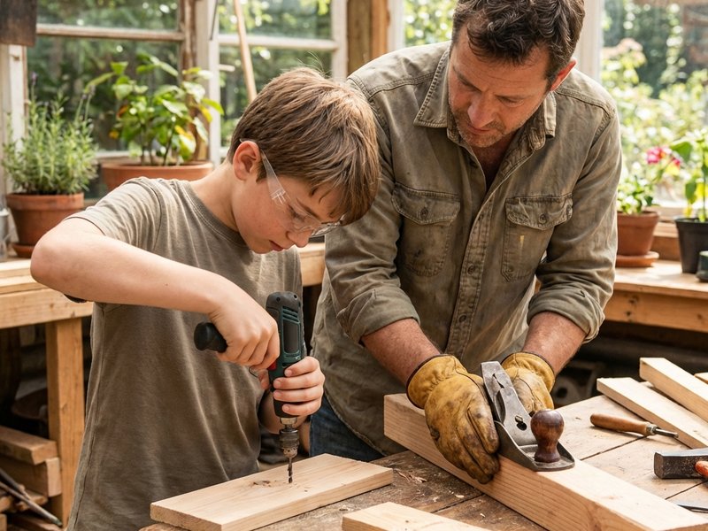 Отец и сын работают вместе с уважением к задачам