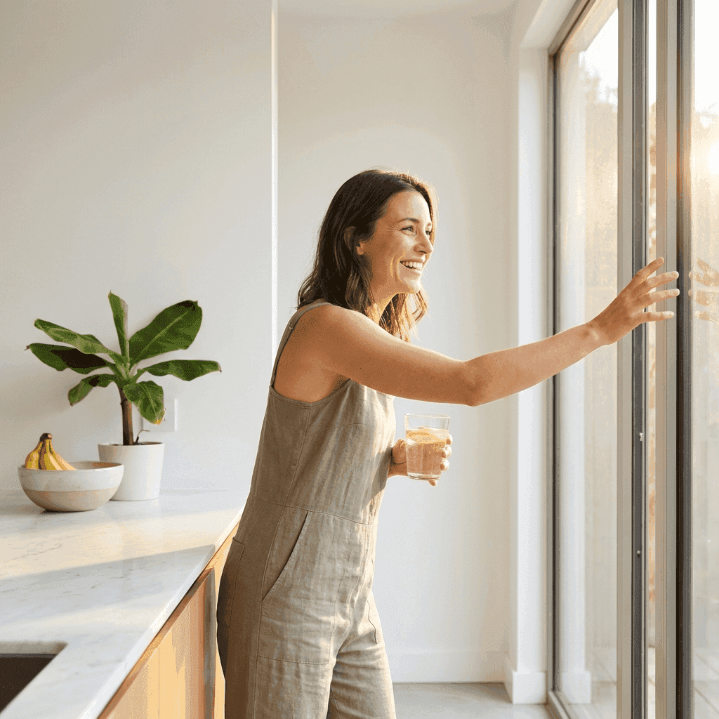 Vrouw met citroenwater bij het raam