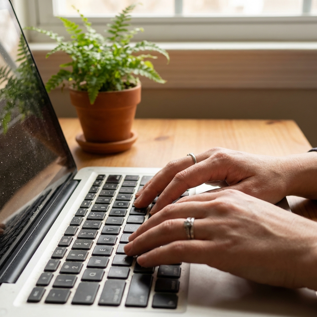 Osoba u notebooku si dává krátkou pauzu na dech