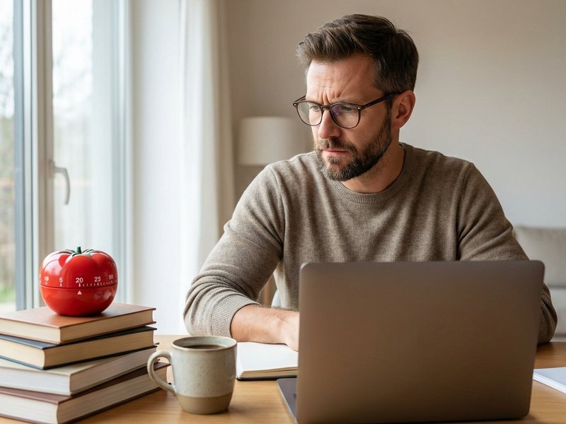 Muž používající Pomodoro časovač při práci