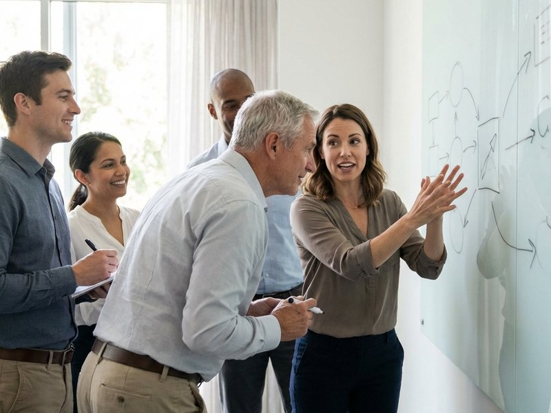Skupina dospělých se společně učí u bílé tabule