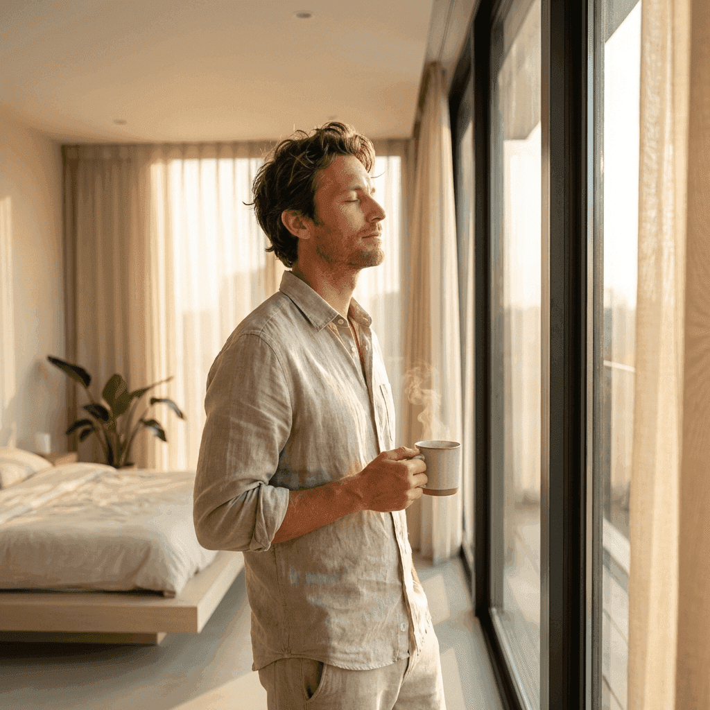 Man geniet van ochtendzon bij het raam