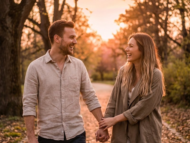Paar lacht gemeinsam im Park