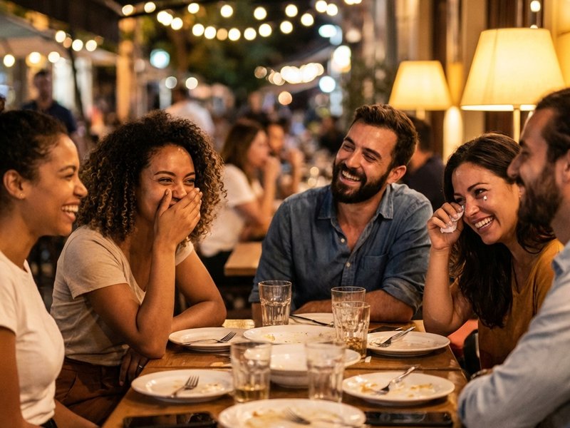 Amici ridono insieme cenando