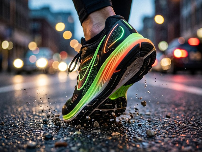 Primo piano di scarpe da corsa su asfalto bagnato