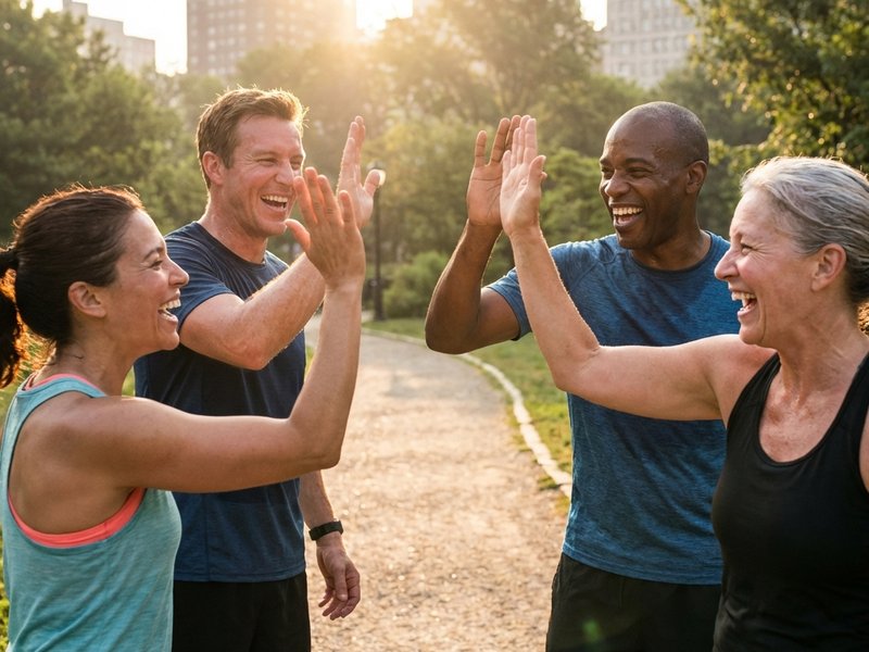 Gruppo di corsa felice festeggia al traguardo